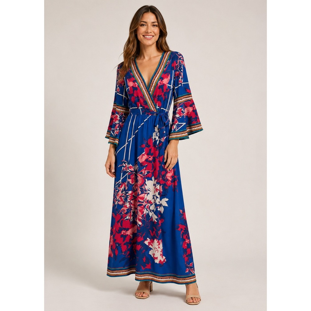 Flying Tomato Festival Maxi Dress XS Blue Floral Print Flare Sleeve Polyester - Picture 1 of 12